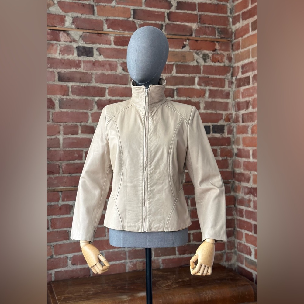 Soft Beige Leather Jacket Minimal Zip Front